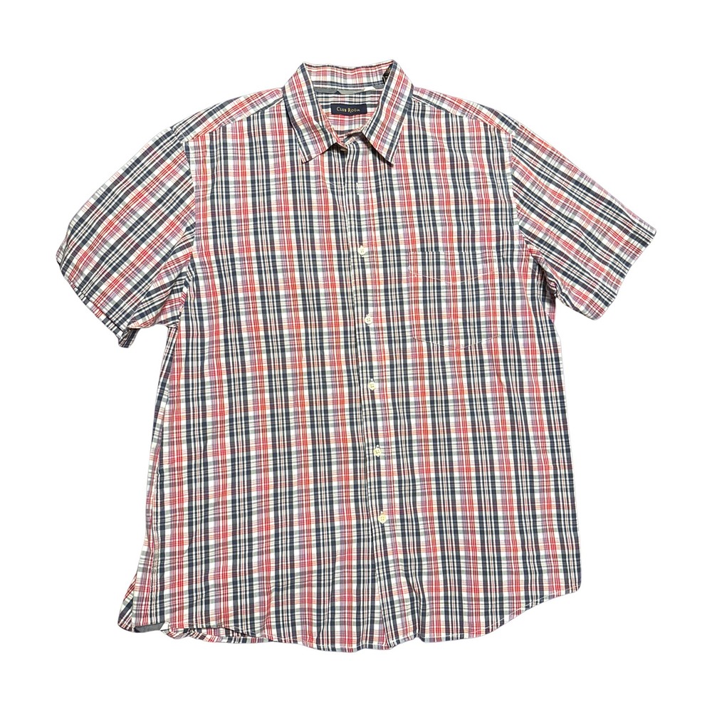 Club Room XL Red White‎ Blue  Plaid Short Sleeve Button Down Cotton Shirt EUC